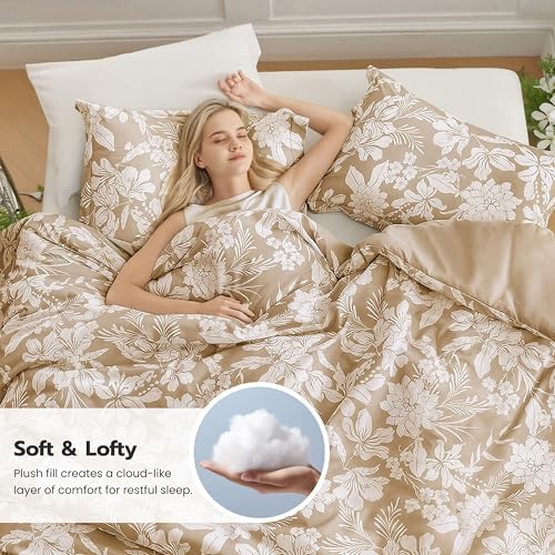 joiedomi floral queen comforter set beige bedding set, close-up detail