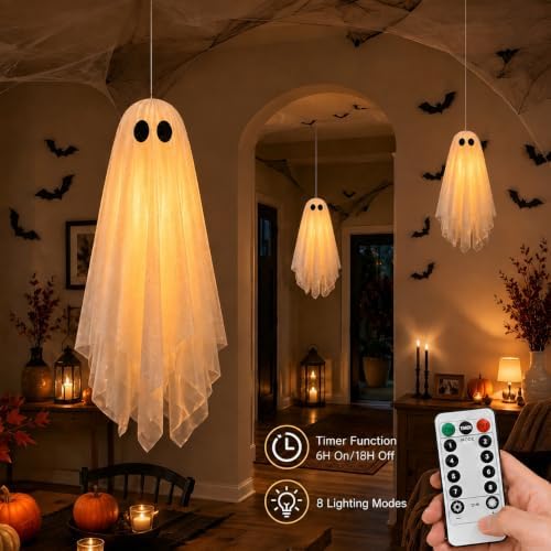 3 Pack Pre-Assembled Hanging Ghosts Halloween Decorations with Warm Glow,Ghost Decor with Remote Timer & Upgraded Double-Layer Sheet, Swinging Ghost for Indoor Outdoor Tree Porch Yard Garden Party