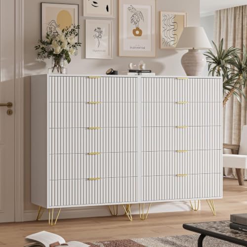 white 5 drawer dresser for bedroom, fluted dresser on a desk or shelf