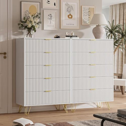 white 5 drawer dresser for bedroom, fluted dresser on a desk or shelf