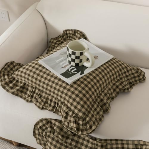 lemfux double ruffle gingham pillow covers, 2 pack shown in use