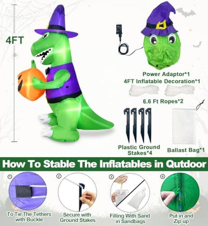 4 Ft Halloween Inflatables Witch Dinosaur Holding Pumpkin Built-in LEDs
