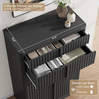 fluted dresser for bedroom, 48" tall 6 drawer, side view