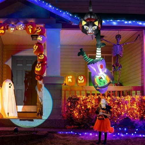 8 FT Hanging Halloween Inflatables Outdoor Decorations Black Cat and Witch