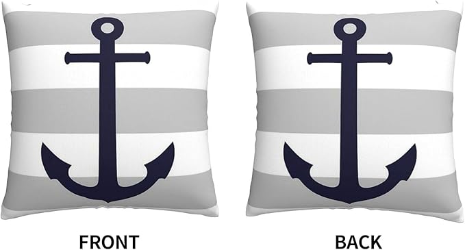 Myshe Square Nautical Navy Blue Anchor On Gray Stripes Throw Pillow Cover - Image 3