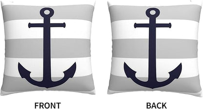 Myshe Square Nautical Navy Blue Anchor On Gray Stripes Throw Pillow Cover - Image 3