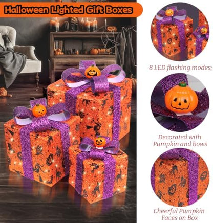 3 Pieces Lighted Boxes Halloween Decorations, Lighted Gift Boxes with Bat,Spider Web,Broom & Pumpkin Print, Foldable Light up Boxes with Pumpkin Bow for Yard, Patio, Haunted House Décor