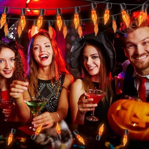 Halloween Lights 27.8 FT Flickering Flame String Lights with 25 Orange C18 Light Bulbs Twinkle C18 E12 Base Flame Lights Indoor Outdoor for Halloween Decorations
