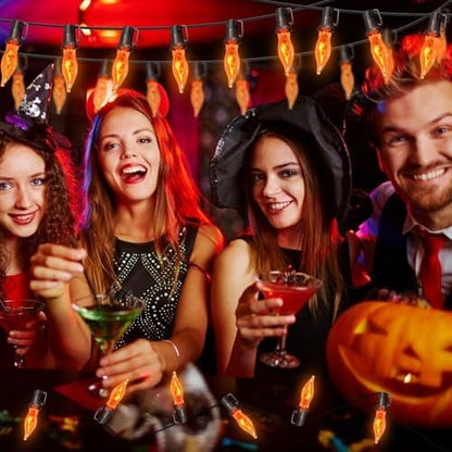 Halloween Lights 27.8 FT Flickering Flame String Lights with 25 Orange C18 Light Bulbs Twinkle C18 E12 Base Flame Lights Indoor Outdoor for Halloween Decorations