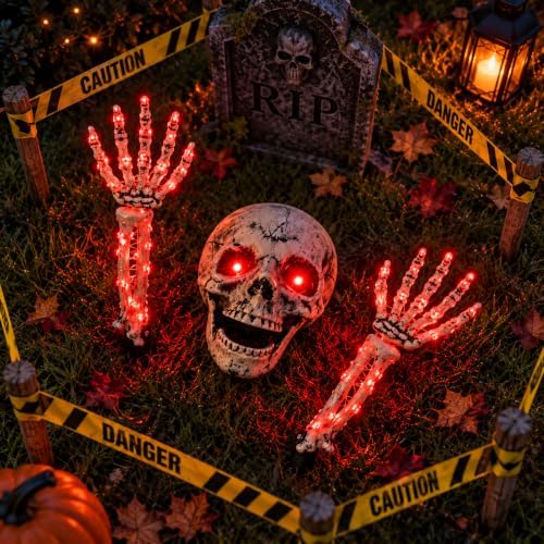Halloween Skeleton Decorations Outdoor, Light Up Skull Head & Skeleton Hands Stake Lights with Red LED, Battery Operated Halloween Yard Decor for Lawn, Garden, Graveyard, Haunted House & Party