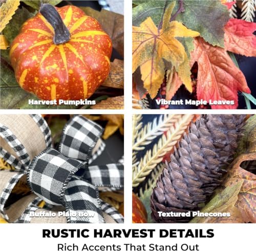 24" Fall Maple Leaf Wreath for Front Door with Buffalo Check Bow - Rustic Autumn Harvest Wreath with Orange Pumpkins, Pinecones and Berries - Farmhouse Thanksgiving Halloween Outdoor Decor