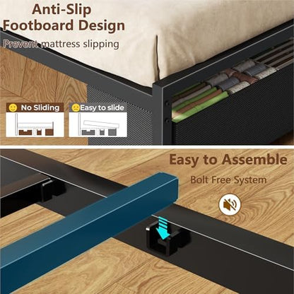furnulem queen bed frame with upholstered headboard and, front angle view