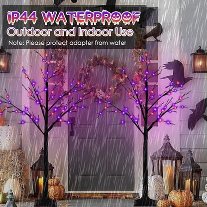 2 Pack 4FT Lighted Black Halloween Tree with 96 LED Orange & Purple Lights
