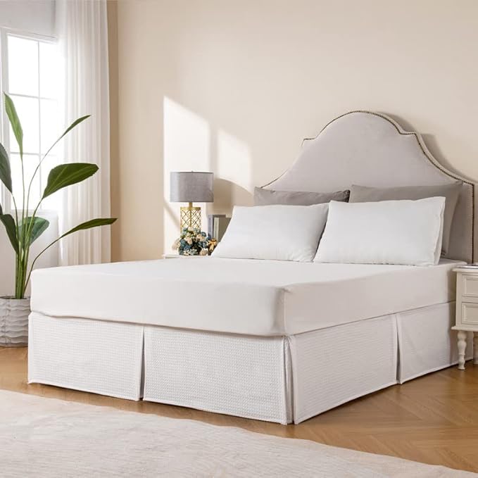 MIYE Pleated Waffle Weave Bed Skirt, Tailored Dust Ruffle 12 Inch Drop Easy Fit - Image 3
