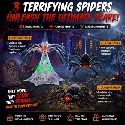 3 Pack 34" Halloween Animatronic Spiders Decor, Jumping Wriggling Climbing