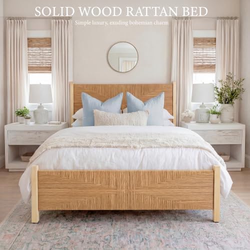 yechen solid wood rattan queen bed frame with, close-up detail