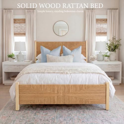 yechen solid wood rattan queen bed frame with, close-up detail