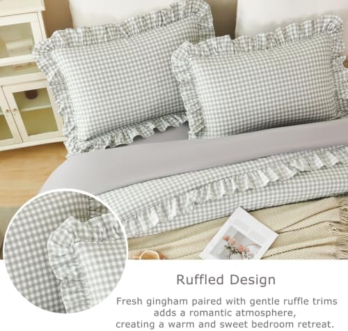RYNGHIPY Gingham Comforter Set Twin 5 Pieces Gray Ruffle Plaid Bedding Set