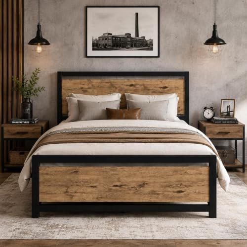 catrimown full bed frame with headboard, under-bed storage, front angle view