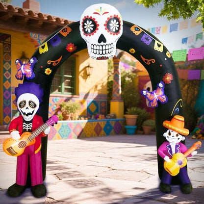 DomKom 8FT Halloween Inflatable Blow Up Decorations Archway, Day of the Dead Inflatable Arch, Dia De Los Muertos Yard Decorations, Sugar Skull Guitar Skeleton, Built‑in LED Lights, Outdoor Lawn Garden