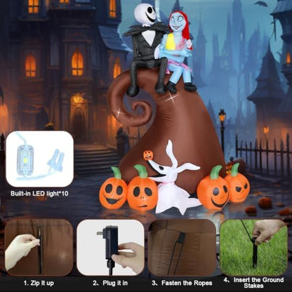 6FT Halloween Outdoor inflatables Decorations - Blow Up Hill Skeleton Couple with Pumpkin Decor with LED Lights,Yard Halloween Party Decorations