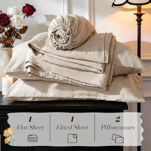 sonoro kate 100% french linen king size sheets on a desk or shelf