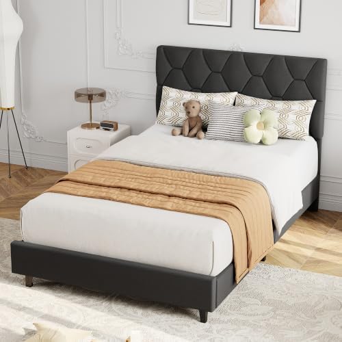 garveehome twin xl bed frame, adjustable upholstered headboard,gray, close-up detail