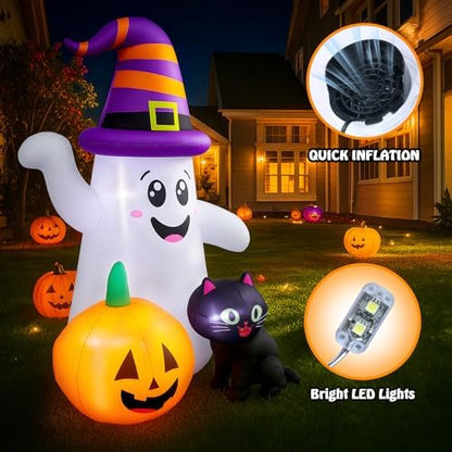 5 FT Halloween Inflatables, Cute Ghost with Pumpkin Black Cat Blow Up