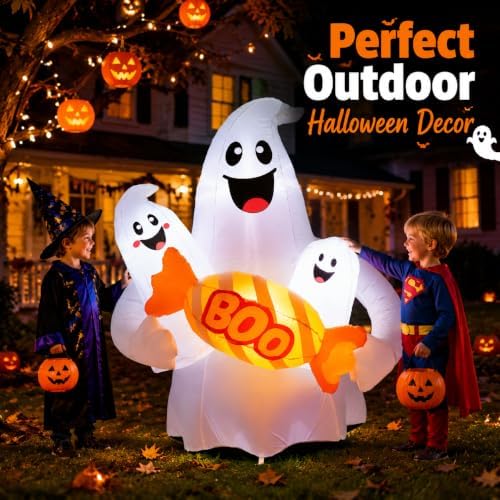 6FT Halloween Inflatable Ghosts Outdoor Decorations, Cute Ghosts Holding Boo Candy, Blow Up Yard Decoration with Bright LEDs & Stakes, Outdoor Decor for Lawn Garden Family Party