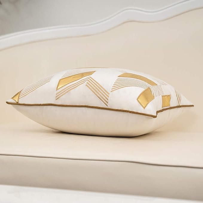 Alerfa 18 x 18 Inches White Geometric Gold Leather Striped Cushion Cases - Image 3