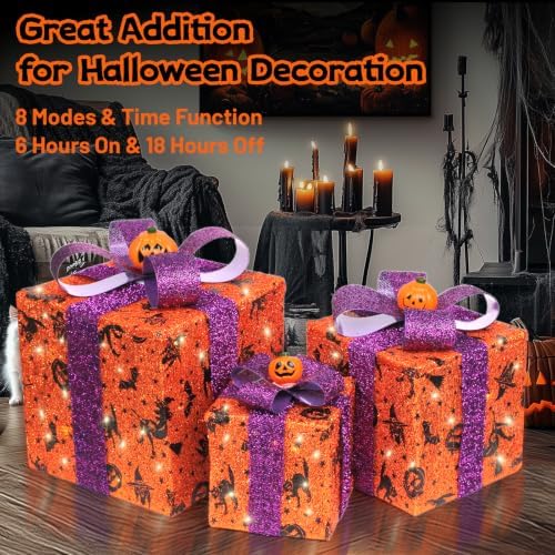3 Pieces Lighted Boxes Halloween Decorations, Lighted Gift Boxes with Bat,Spider Web,Broom & Pumpkin Print, Foldable Light up Boxes with Pumpkin Bow for Yard, Patio, Haunted House Décor