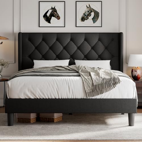 ipormis full size platform bed frame with button, front angle view