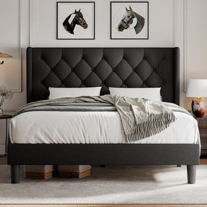 ipormis full size platform bed frame with button, front angle view