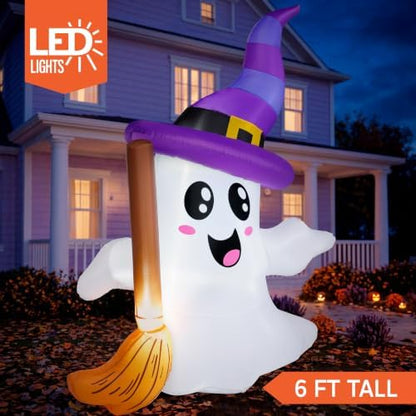 JOYIN Halloween Inflatables Ghost Outdoor Decorations, Cute Blow Up Ghost Holding Broom with LED, Blow Up Yard Decorations for Halloween Outdoor Yard Garden Lawn Party Decor