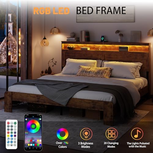 wooden bed frame king size with storage headboard, close-up detail