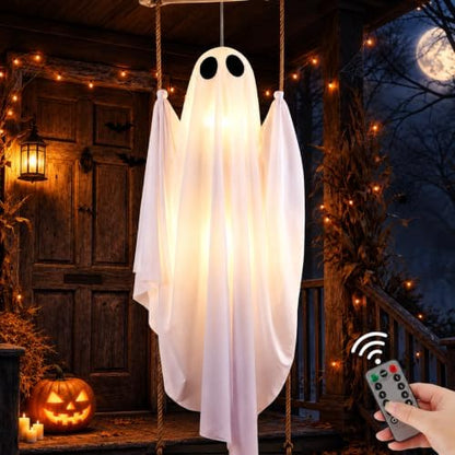 Halloween Decorations Outdoor Indoor, 5 FT Large Pre-Assembled Swinging Ghost, Halloween Hanging Spooky Swing Ghost Decor for Outside Porch Yard Tree Garden Lawn