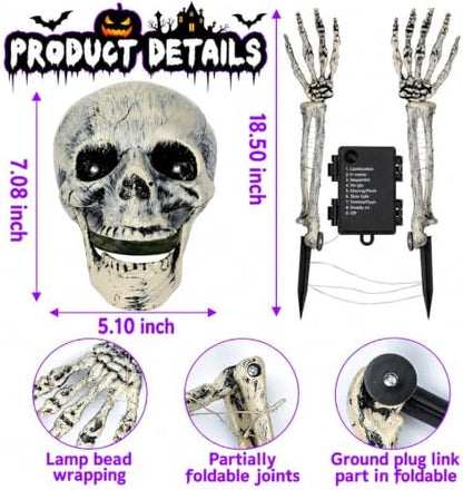 Halloween Skeleton Decorations Outdoor, Light Up Skull Head & Skeleton Hands Lights Stake with Purple LED, Battery Operated Halloween Yard Decor for Lawn, Garden, Graveyard, Haunted House & Party