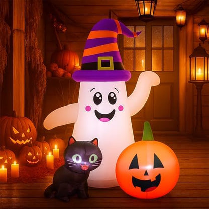 5 FT Halloween Inflatables, Cute Ghost with Pumpkin Black Cat Blow Up
