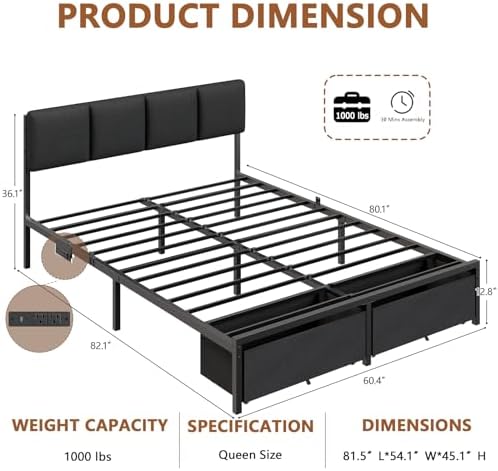 furnulem queen bed frame with upholstered headboard and, close-up detail