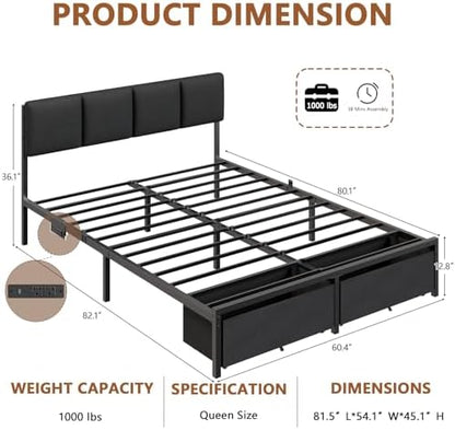 furnulem queen bed frame with upholstered headboard and, close-up detail