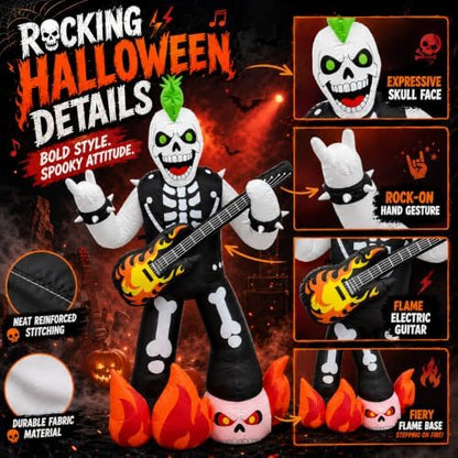 6.2FT Halloween Rock Music Skeleton Inflatable with LED Flame Guitar Decor