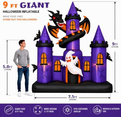 9 FT Giant Halloween Inflatable Haunted Castle with Dragon and Ghost