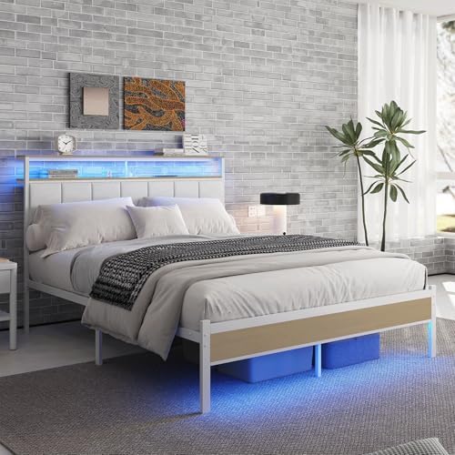 queen bed frames with charging station and led on a desk or shelf