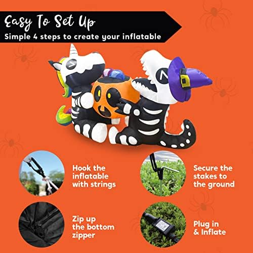 Joiedomi 6 FT Halloween Inflatables Outdoor Decorations, Sitting Skeleton Unicorn & Dinosaur with Pumpkin Blow Up Yard Decor, LED Lighted Holiday Lawn Garden Patio Outside Inflatables Decor
