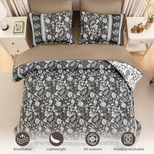 Boho Comforter Set Queen,Reversible Brown Gray Bedding Paisley 7 Piece