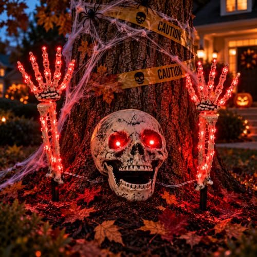 Halloween Skeleton Decorations Outdoor, Light Up Skull Head & Skeleton Hands Stake Lights with Red LED, Battery Operated Halloween Yard Decor for Lawn, Garden, Graveyard, Haunted House & Party