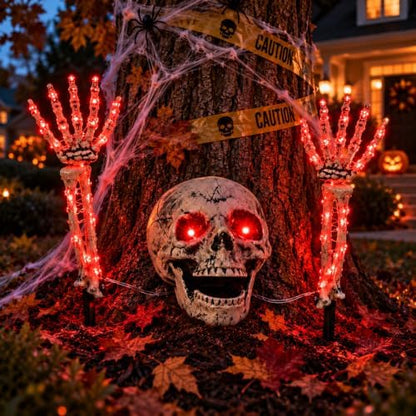 Halloween Skeleton Decorations Outdoor, Light Up Skull Head & Skeleton Hands Stake Lights with Red LED, Battery Operated Halloween Yard Decor for Lawn, Garden, Graveyard, Haunted House & Party