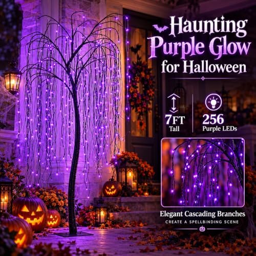7 FT Halloween Lighted Willow Tree 256 LED Purple Lights Artificial Weeping Willow Tree with 6 Spiders Outdoor Indoor Decoration Christmas Festival Decor