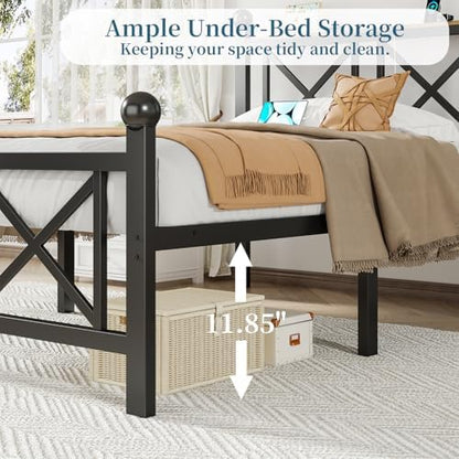 dynjest full size black heavy duty bed frame on a desk or shelf