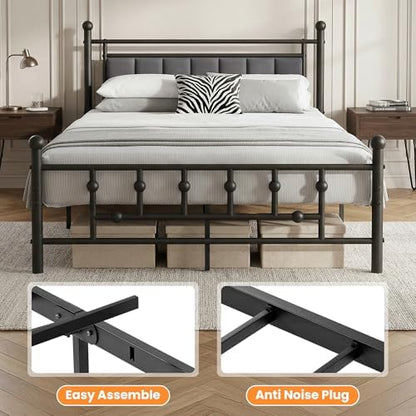 velvet upholstered full bed frame with headboard, front angle view